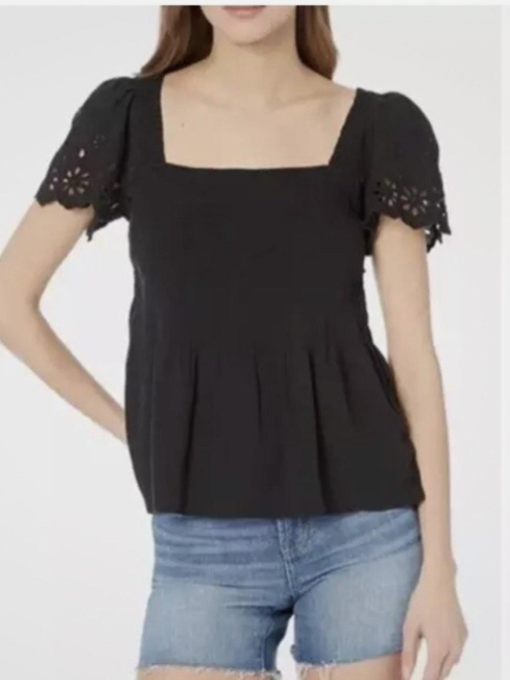 Madewell Women's Black Square Neck Puff Sleeve Peplum Blouse Top
